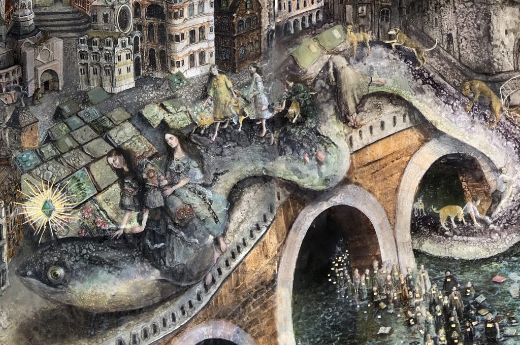 Die überflutete Stadt, Ausschnitt,2025,Öl und Schokoladenpapier auf geklebtem und geschnittenem Papier